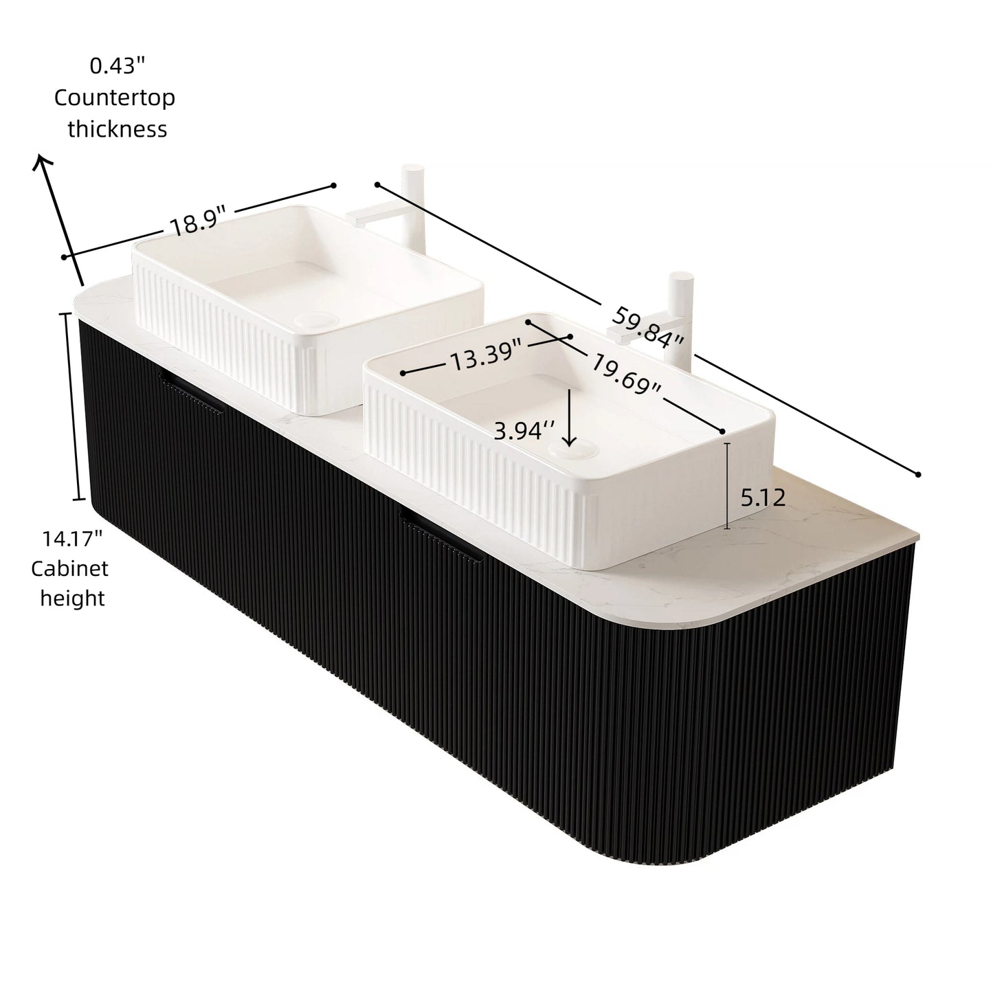 Dexmalle 60-in Black Wall-mount Double Sink Bathroom Vanity with Sintered Stone Top and White Vessel Sink