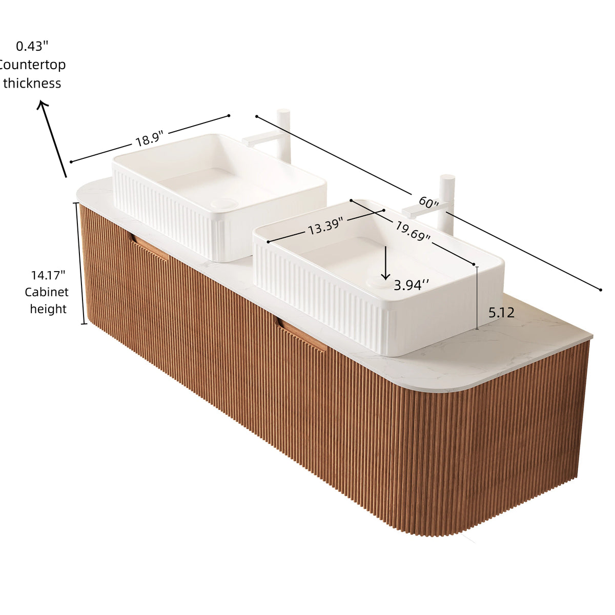 Dexmalle 60" Bathroom Vanity&Sinks, Floating Curved Edges Striped Storage Cabinet with 2 Drawers, 2 White Rectangular Ceramic Basins