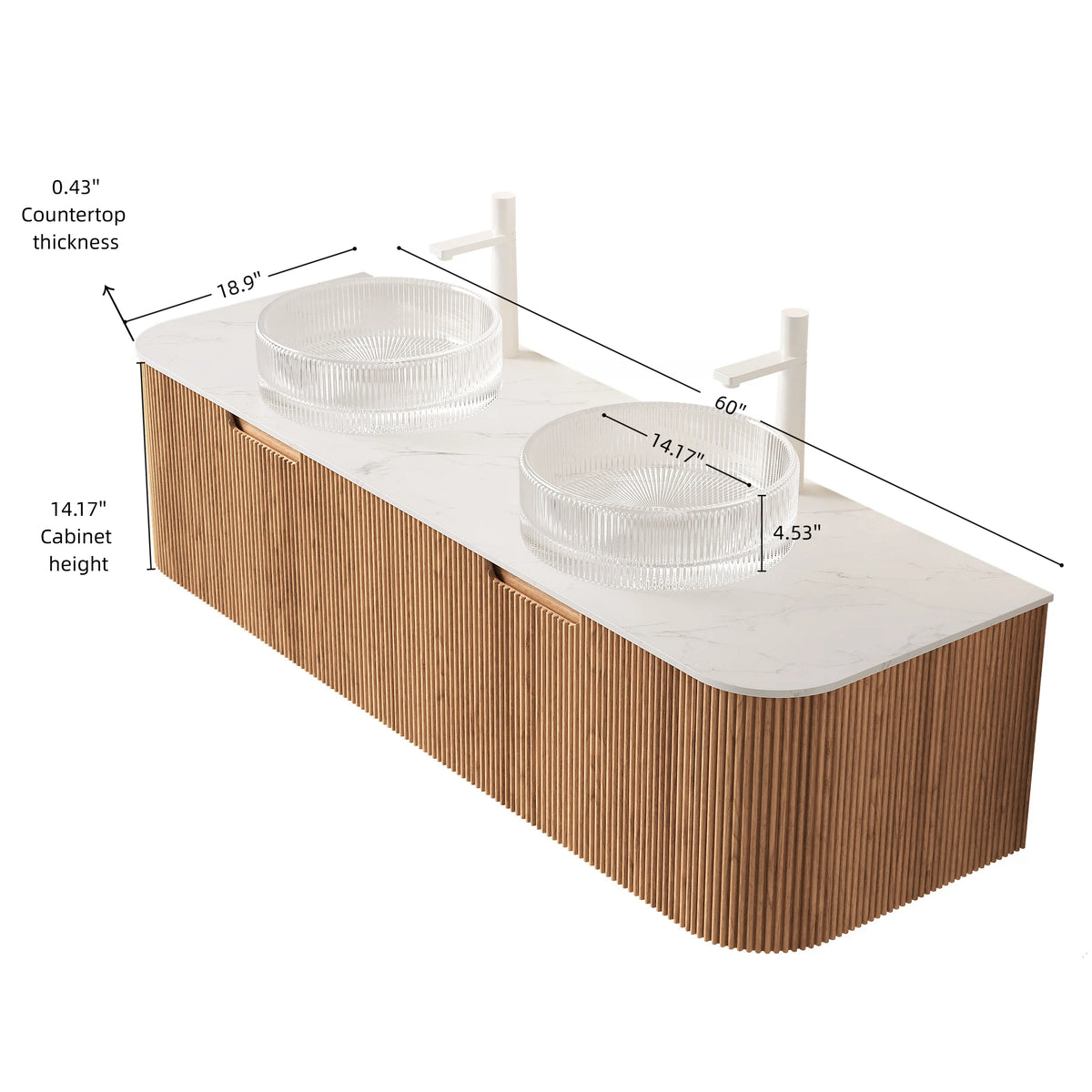 Dexmalle 60" Bathroom Vanity&Sinks, Floating Curved Edges Striped Storage Cabinet with 2 Drawers, 2 Transparent Round Glass Basins