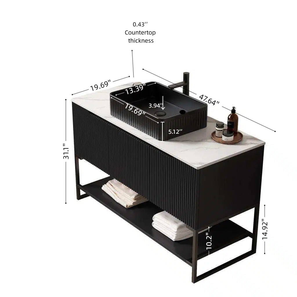 Dexmalle 48" Bathroom Vanity&Sink, Freestanding Bathroom Storage Cabinet with 3 Doors and Open Shelf, Black Rectangular Ceramic Basin