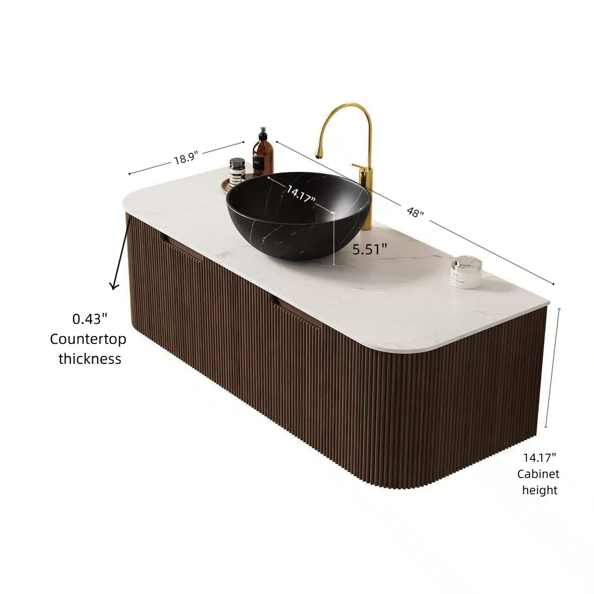 Dexmalle 48" Bathroom Vanity&Sink, Floating Curved Edges Striped Storage Cabinet with 2 Drawers, Stone Black Bowl Ceramic Basin