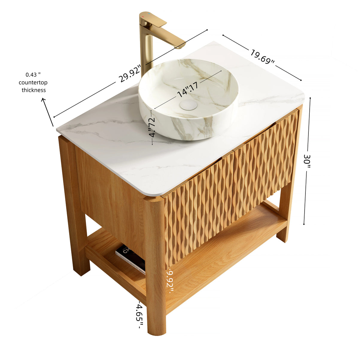 Dexmalle 30" Bathroom Vanity&Sink, Freestanding Plywood Storage Cabinet with 2 Bamboo Texture Doors&Open Shelf