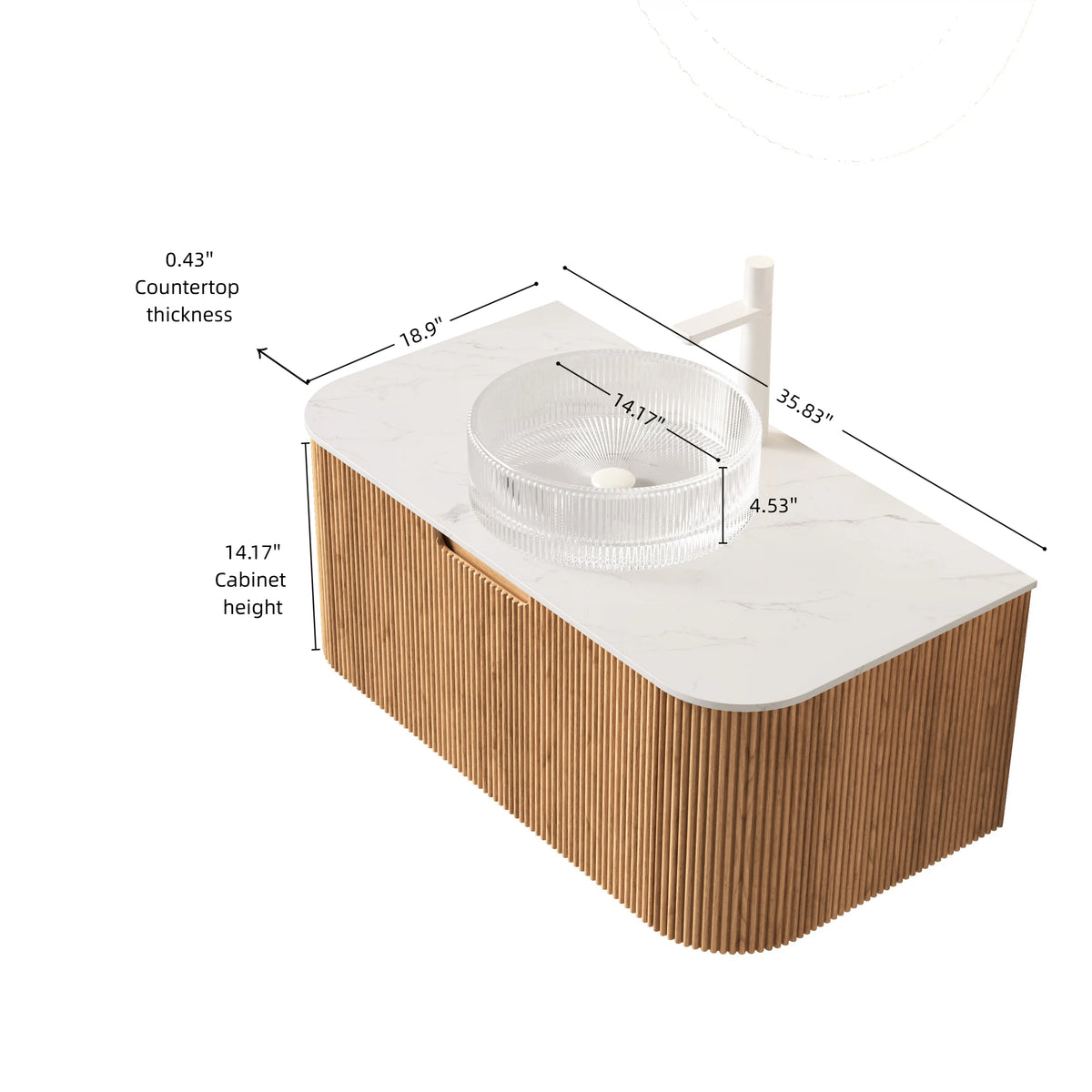 Dexmalle 36" Bathroom Vanity&Sink, Floating Curved Edges Striped Storage Cabinet with Drawer, Transparent Round Glass Basin&Carrara White Sintered Stone Top