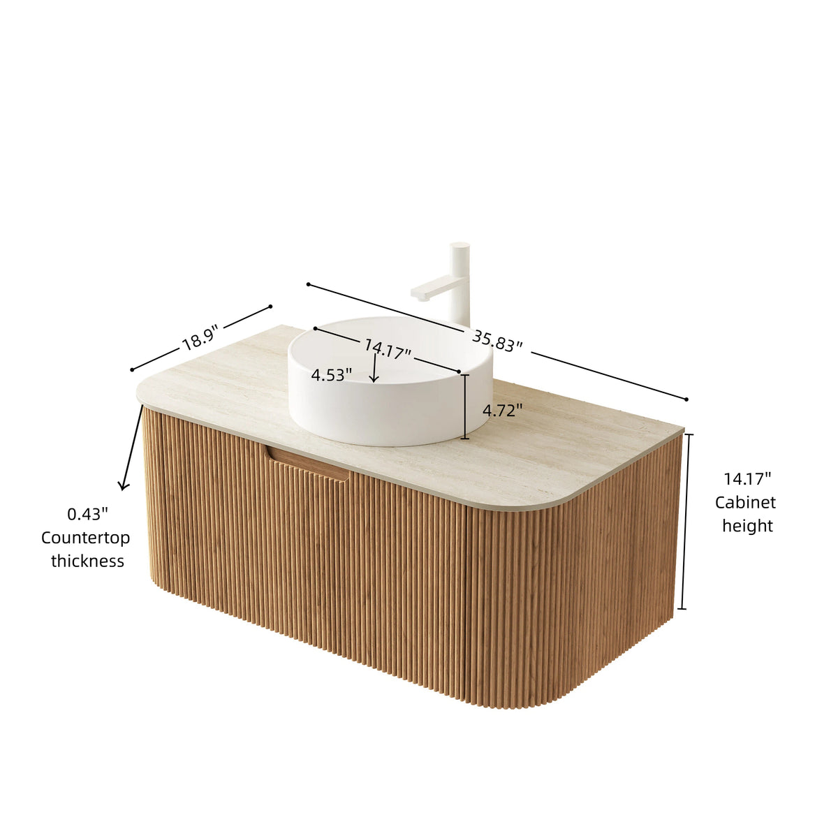 Dexmalle 36" Bathroom Vanity&Sink, Floating Curved Edge Striped Plywood Storage Cabinet with Drawer