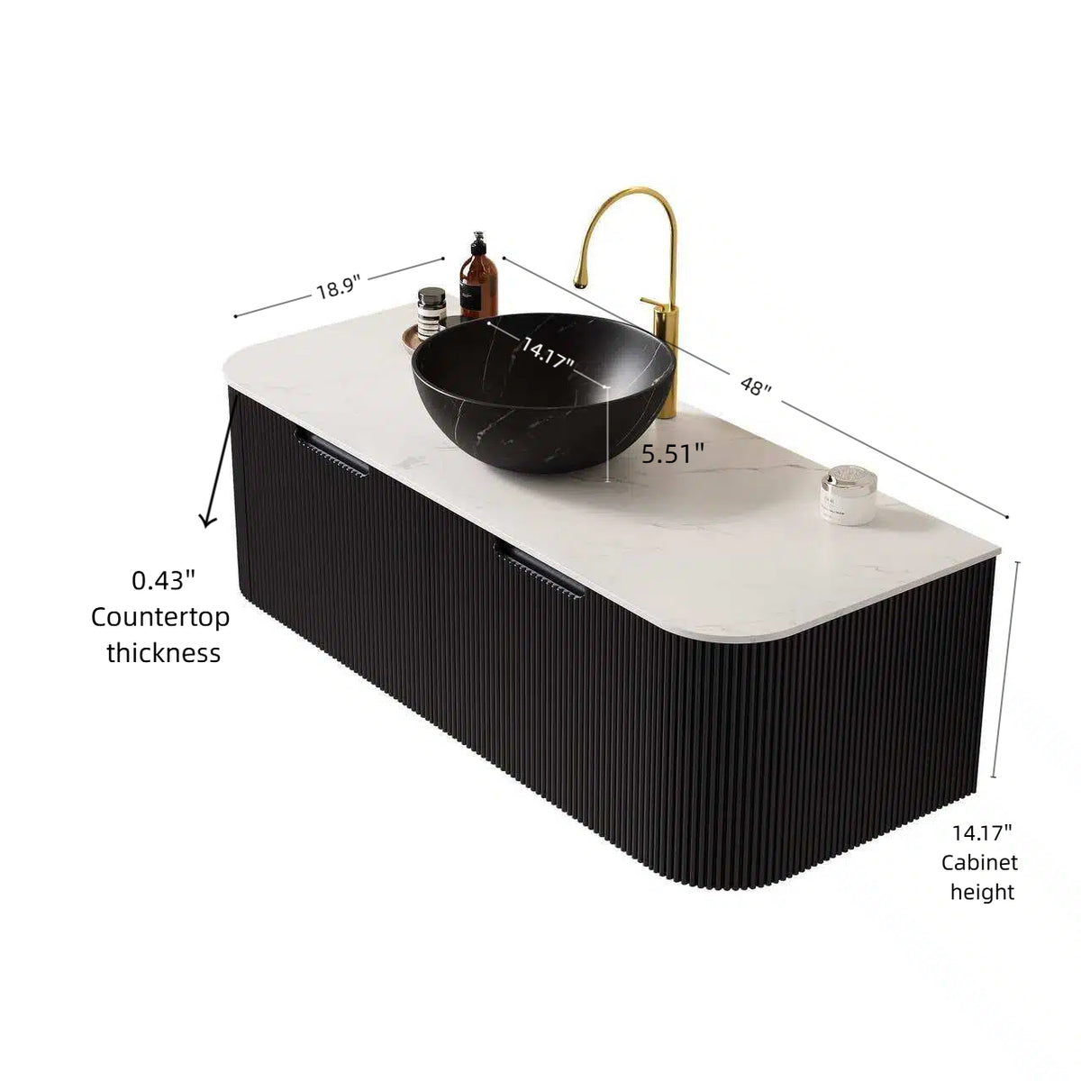 Dexmalle 48" Bathroom Vanity&Sink, Floating Curved Edges Striped Plywood Storage Cabinet with 2 Drawers, Matte Stone Black Bowl Ceramic Basin