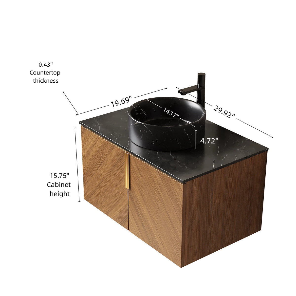 Dexmalle 30" Bathroom Vanity&Sink, Wall-Mounted Plywood Bathroom Storage Cabinet with Double Doors, Black Sintered Stone Countertop