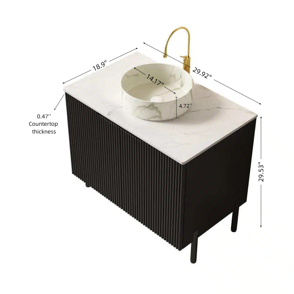 Dexmalle 30-in Black Freestanding Bathroom Vanity with Sintered Stone Top and Black Round Vessel Sink