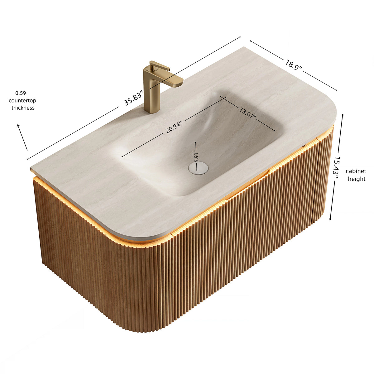 Dexmalle 36'' Bathroom Vanity&Sink, Floating Curved Edges Striped Cabinet with Drawer, Sensor Light