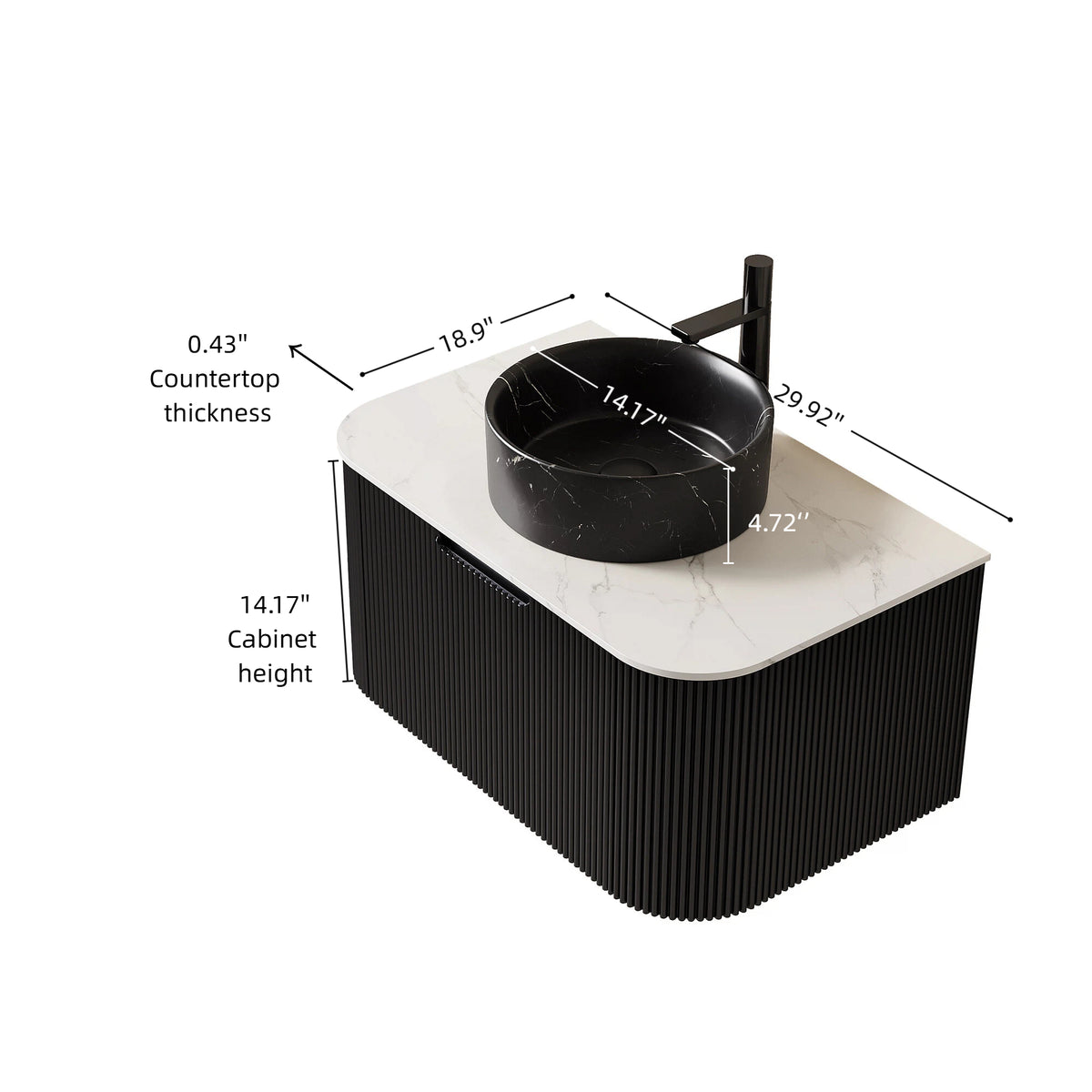 Dexmalle 30" Bathroom Vanity&Sink, Floating Curved Edges Striped Storage Cabinet with Drawer, Stone Black Round Ceramic Basin