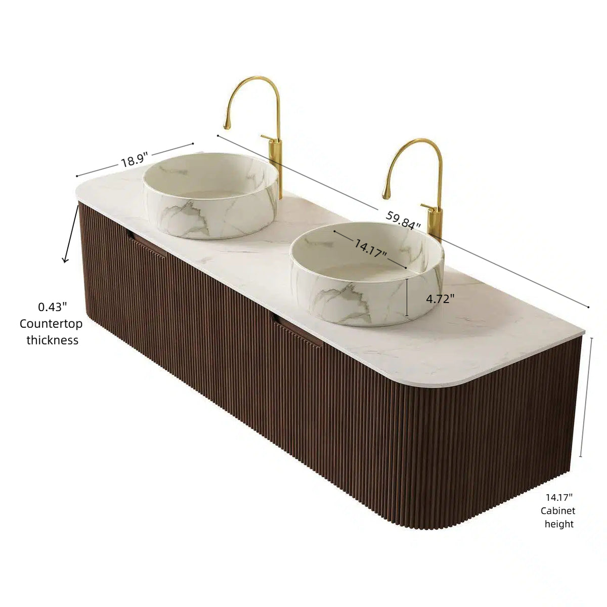 Dexmalle 60" Bathroom Vanity&Sinks, Floating Curved Edges Striped Storage Cabinet with 2 Drawers,Pre-assemble, Dark Walnut Woodgrain