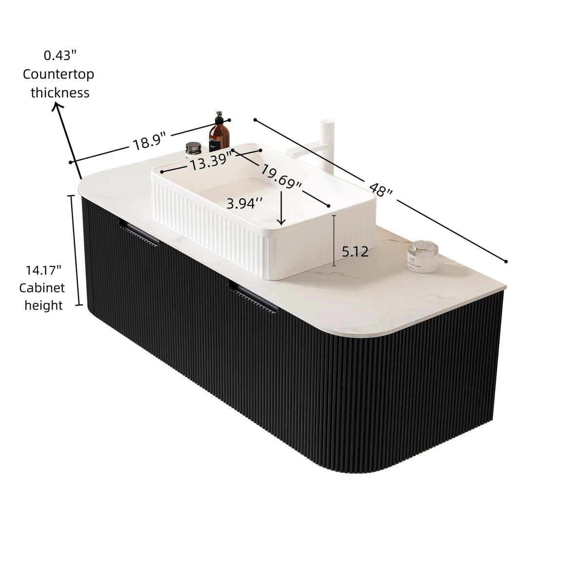 Dexmalle 48" Bathroom Vanity&Sink, Floating Curved Edges Striped Plywood Storage Cabinet with 2 Drawers, White Rectangular Ceramic Basin