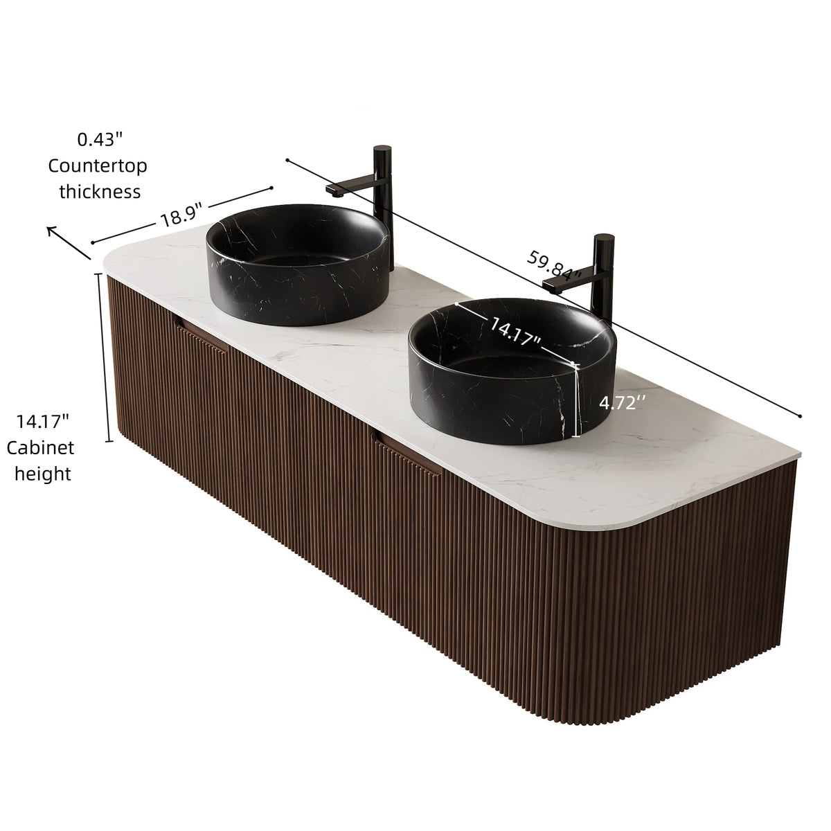 Dexmalle 60" Bathroom Vanity&Sinks, Floating Curved Edges Striped Storage Cabinet with 2 Drawers, 2 Stone Black Round Ceramic Basins