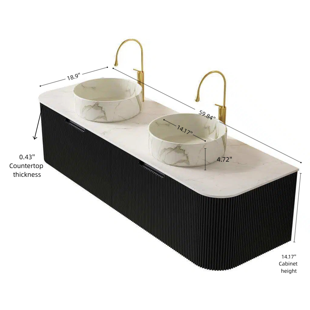 Dexmalle 60" Bathroom Vanity&Sinks, Floating Curved Edges Striped Storage Cabinet with 2 Drawers