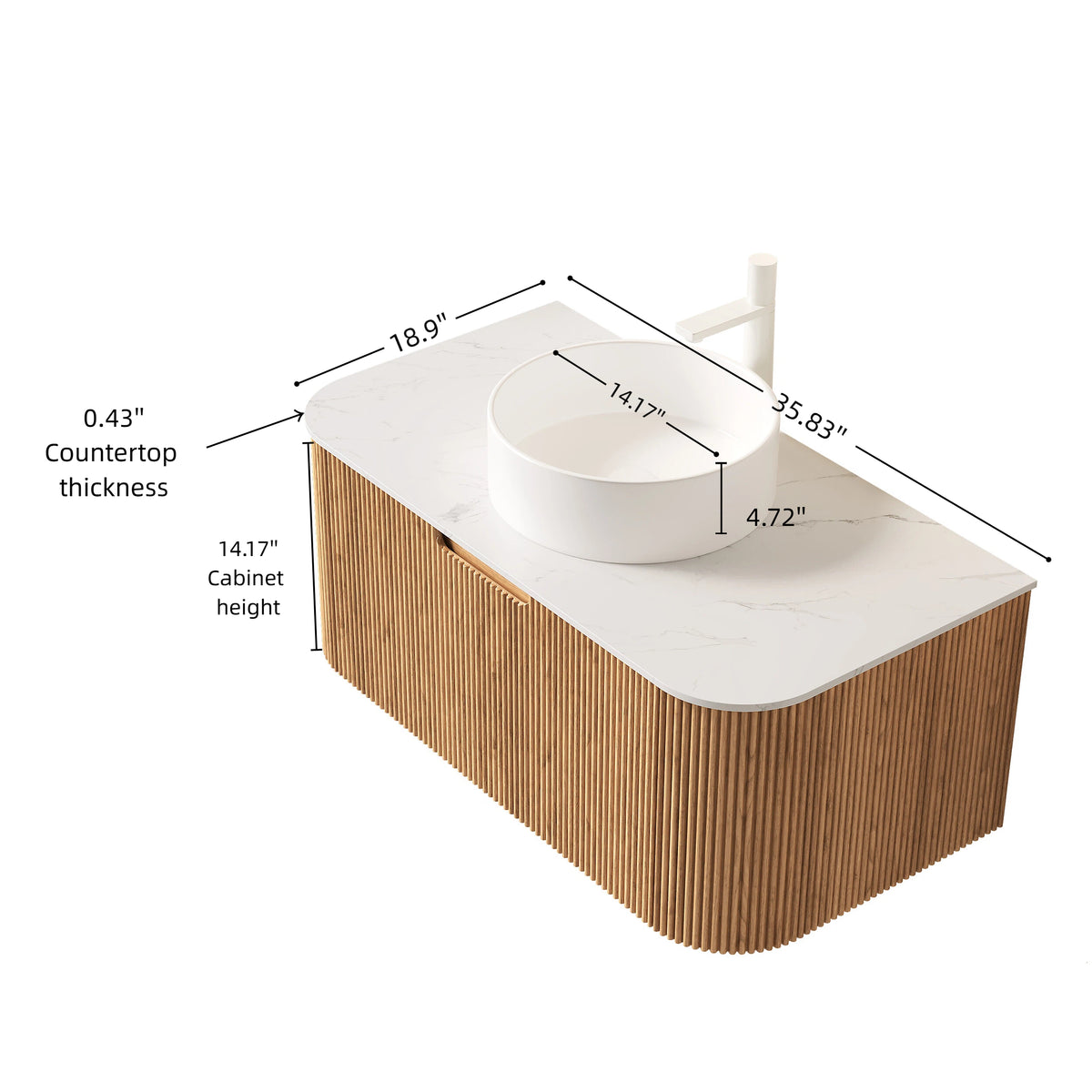 Dexmalle 36" Bathroom Vanity&Sink, Floating Curved Edges Striped Bathroom Storage Cabinet with Drawer, White Round Ceramic Basin&Carrara White Sintered Stone Top